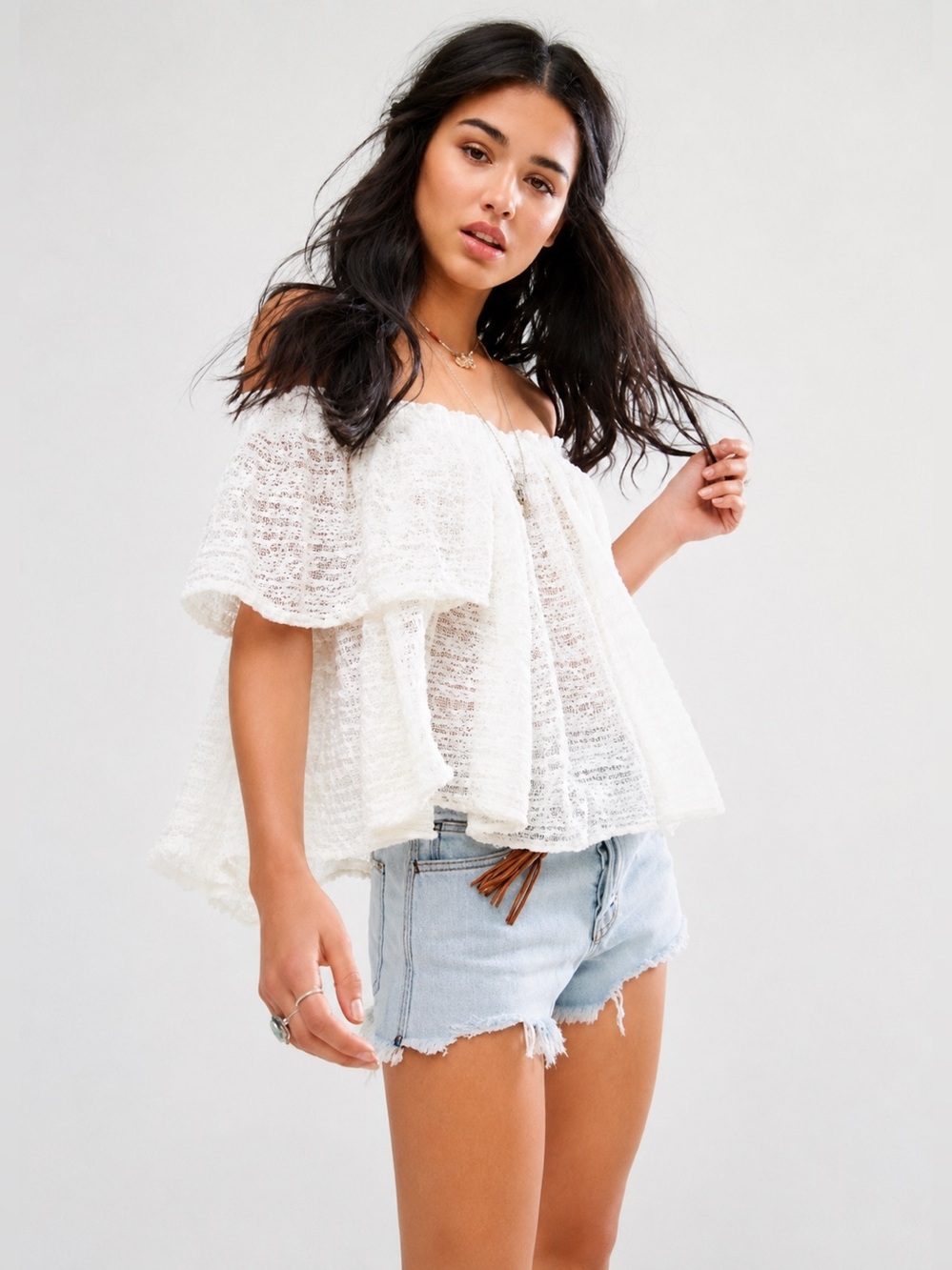 Free People Thrills & Frills Off Shoulder Lace Top Ivory Boho Women Size M